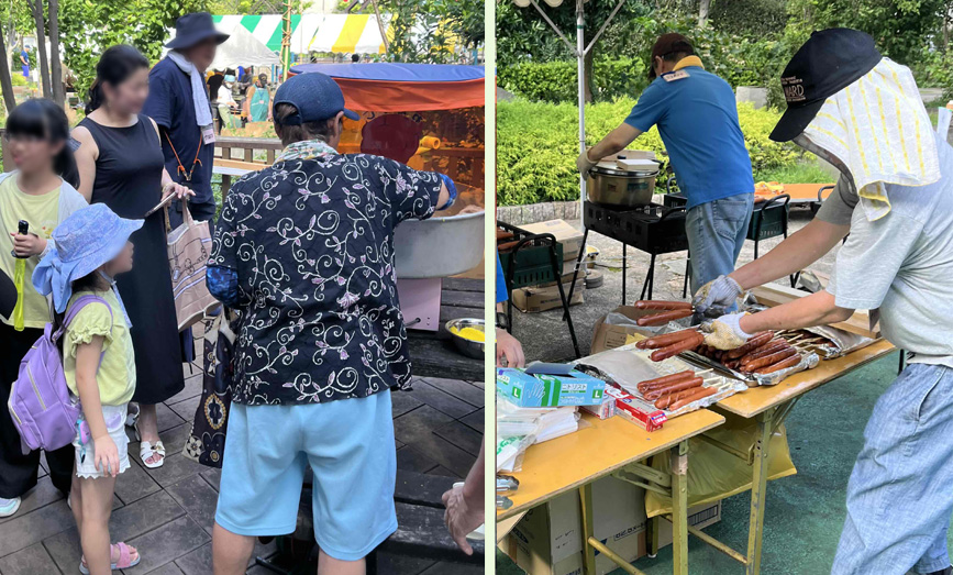 写真（左右2分割）：飲食コーナー、わたがしとフランクフルト